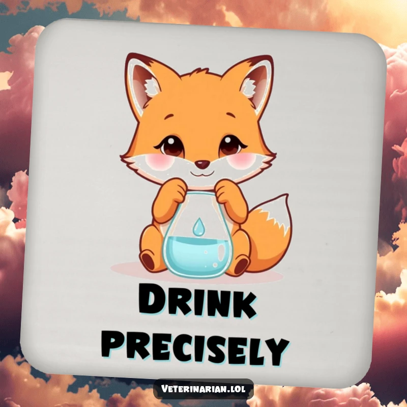 Funny drink coaster depicting a playful fox carefully measuring a tiny droplet into a beaker, adding humor to beverage service.