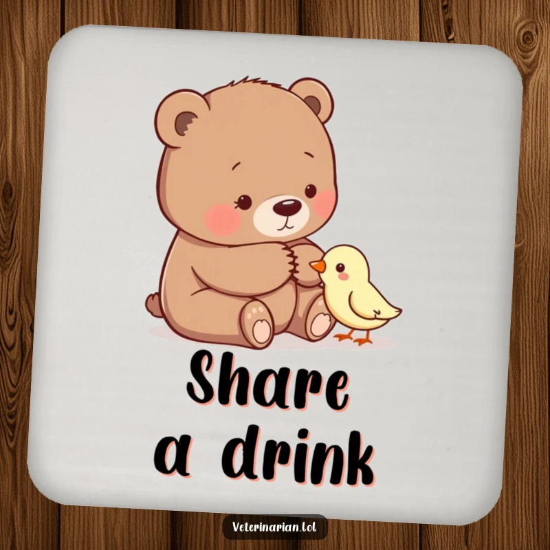 Funny drink coaster with a gentle bear comforting a small bird, bringing a heartwarming and kind design.