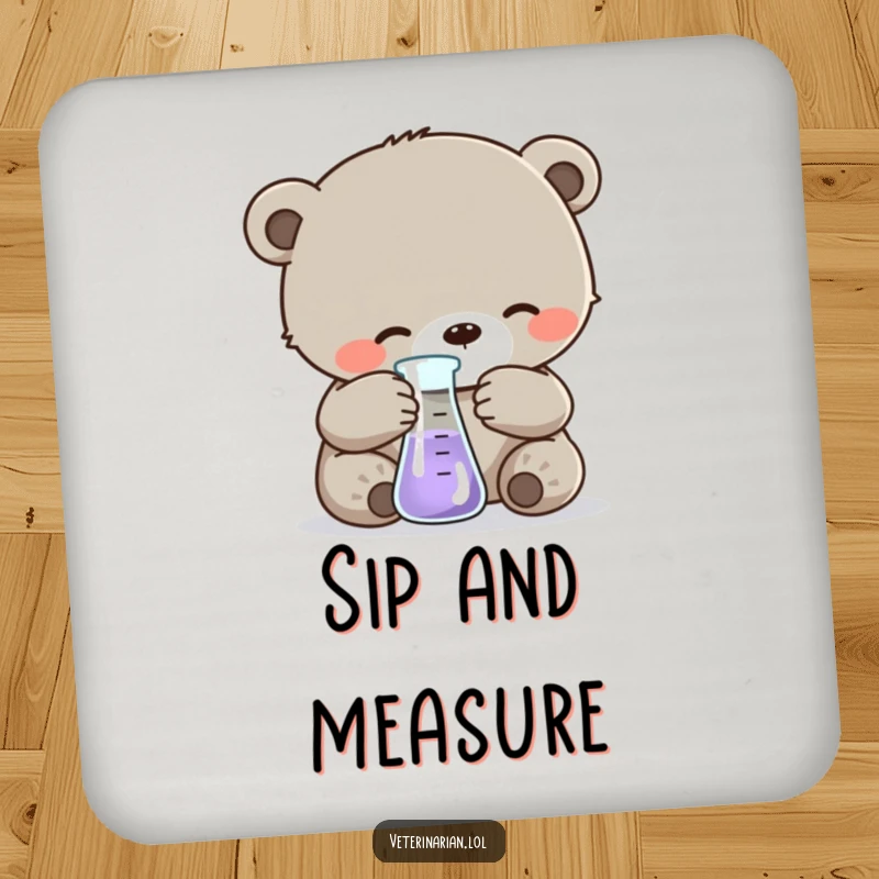 Funny drink coaster showing a gentle bear cub carefully measuring liquid in a beaker, adding a cute and humorous science touch to tabletops.