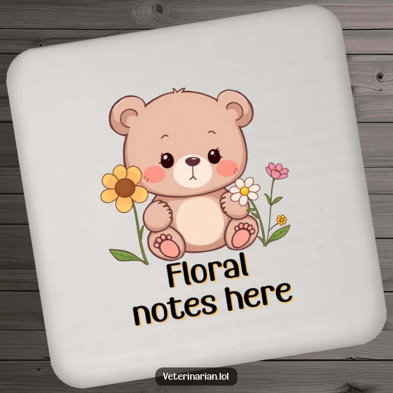 Funny bear drink coaster, a curious bear sniffing a flower with a gentle expression, protects surfaces with charm.