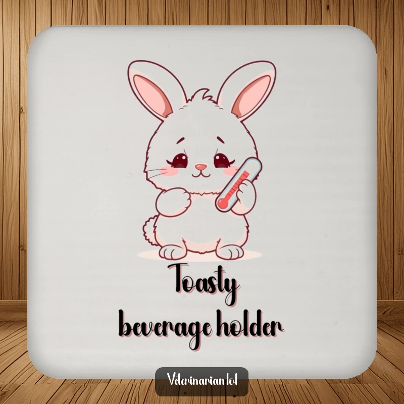 Funny fluffy bunny coaster, a rabbit holds a thermometer with a worried yet happy face, adding humor and protection to surfaces.