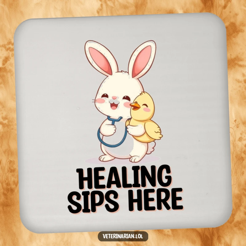 Funny drink coaster with a cheerful bunny vet wearing a stethoscope, gently petting a smiling bird.