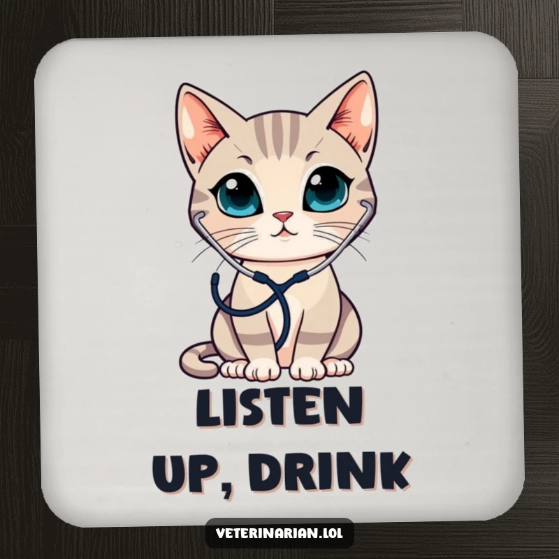 Funny drink coaster featuring a sleek cat wearing a stethoscope, attentively listening, protecting surfaces with humor.