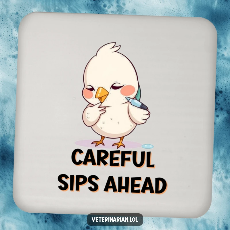 Funny drink coaster featuring a diligent bird carefully using a tiny dropper with focused attention.