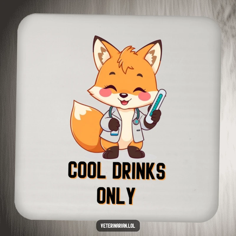 Funny fox vet coaster, a playful fox smiles holding a thermometer and checking its temperature reading with careful attention.