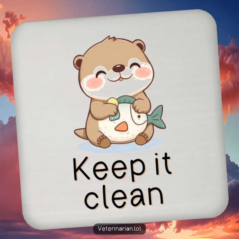 Funny drink coasters featuring a joyful otter character cleaning a toy fish with a sponge, adding a humorous touch to tables.