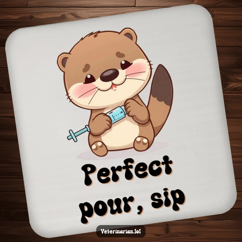 Funny otter coaster featuring a character precisely measuring liquid with a miniature syringe, a small but precise humorous accessory.
