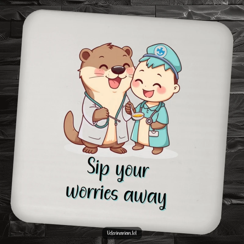 Funny Otter Vet Coasters: Adorable otter vet giving a spoonful of medicine to a happy patient, protecting surfaces with humor.
