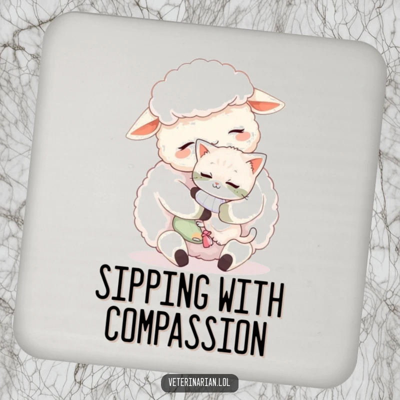 Funny sheep drink coaster, a fluffy sheep cuddling a tiny, bandaged kitten with affection, protects surfaces with charm.