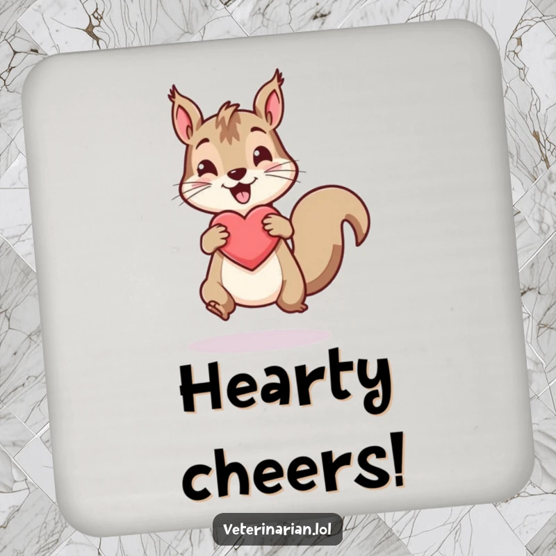 Funny coaster featuring an energetic squirrel bouncing a healthy heart icon, perfect for vibrant spaces.