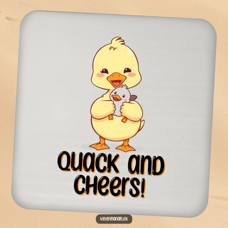 Funny Duckling Vet Coaster: A small coaster displaying a cute duckling vet with a tiny patient, protecting surfaces with humor.