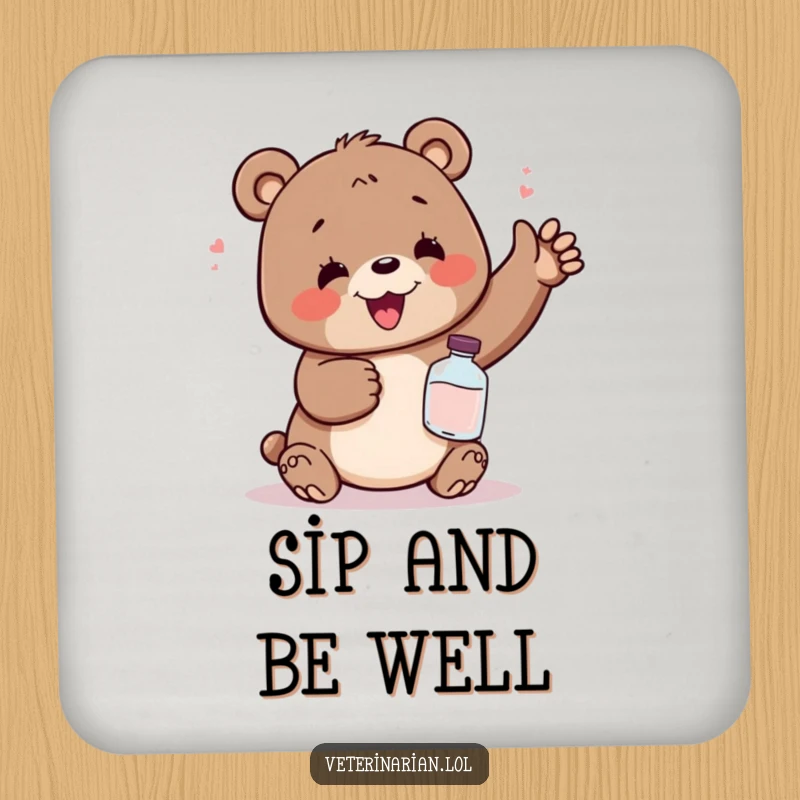 Funny coaster featuring a delighted bear looking relieved while holding a small potion bottle, protecting surfaces with a humorous design.