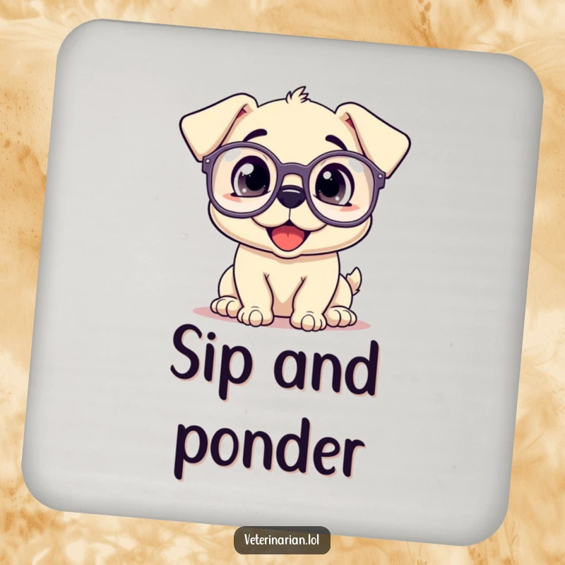 Funny drink coaster with a happy puppy wearing oversized prescription glasses, looking up inquisitively.