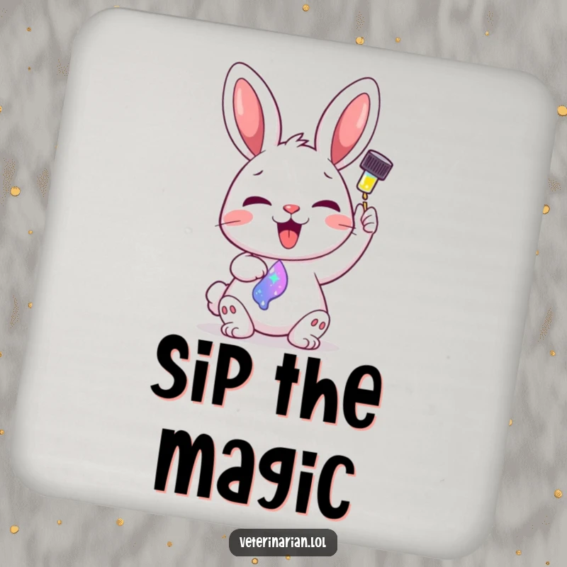 Funny drink coaster set featuring a delighted cartoon bunny administering a colorful, sparkling liquid from a dropper.