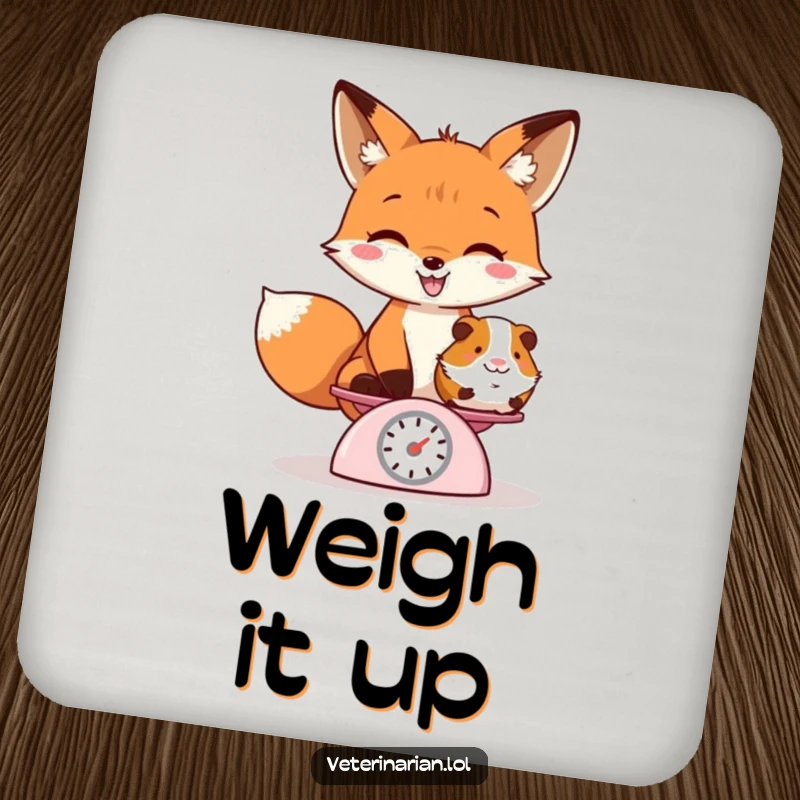 Funny drink coaster with a playful fox grinning while weighing a guinea pig on a tiny scale, bringing whimsical fun.