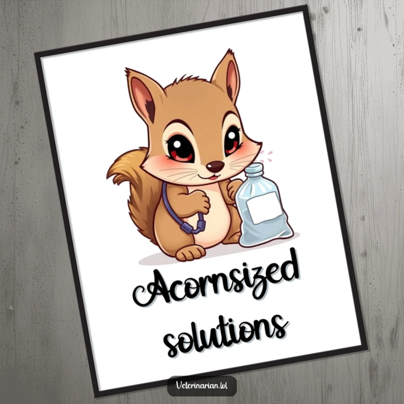 Funny poster art of a curious squirrel veterinarian peering into a small medicine bag with wide, knowing eyes, capturing a moment of focused expertise.