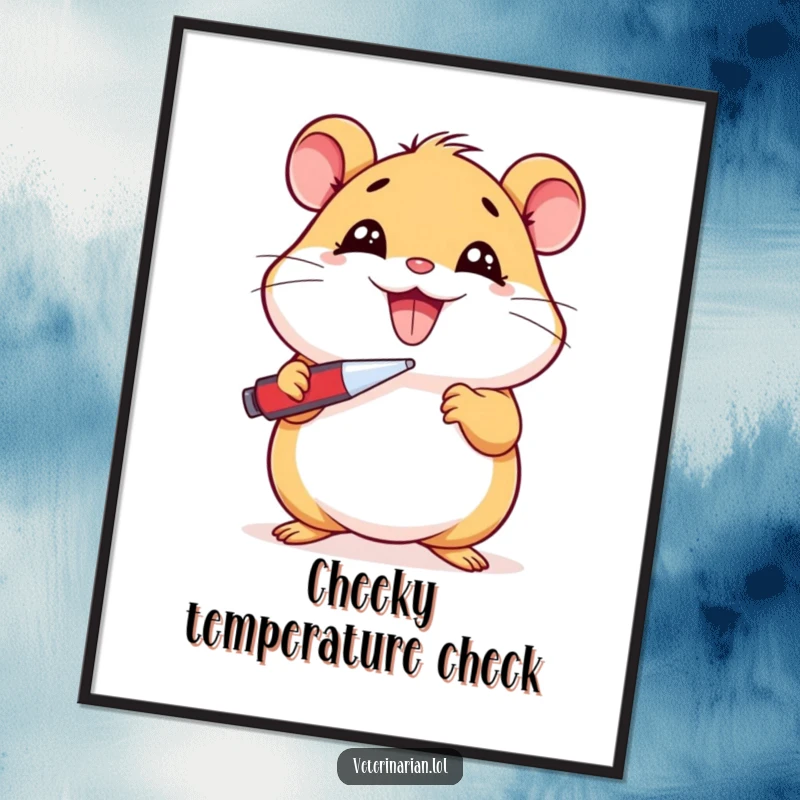 Funny Hamster Poster: Artwork of a beaming cartoon hamster holding a thermometer to its cheek, a humorous depiction of feeling ill, funny gift.