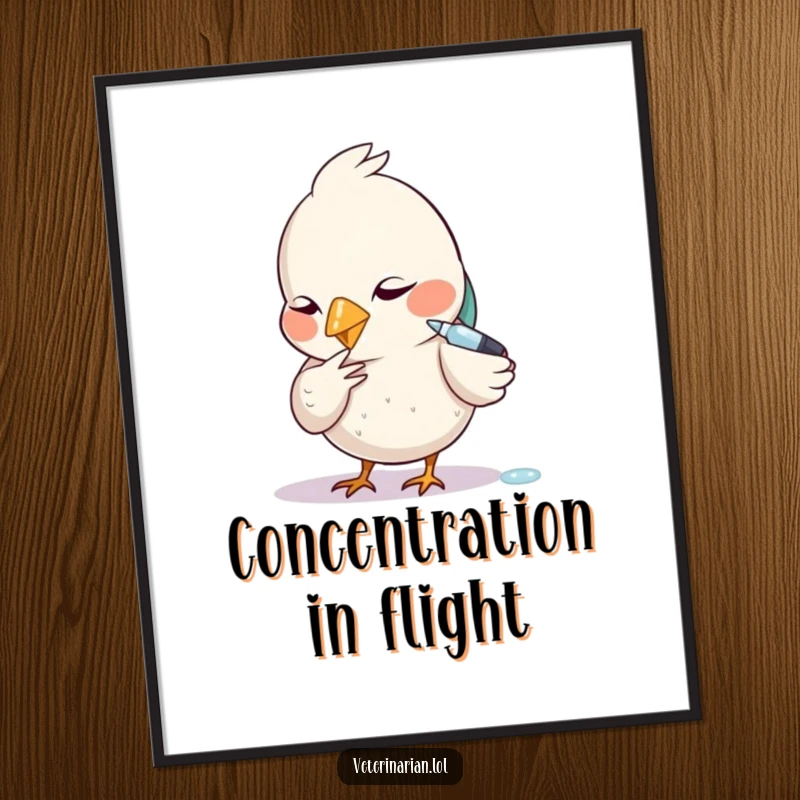 Funny poster showcasing a small bird with intense focus, carefully administering a tiny dropper.