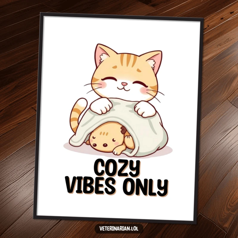 Funny smiling cat poster showing a cat placing a soft blanket on a resting creature with loving care.