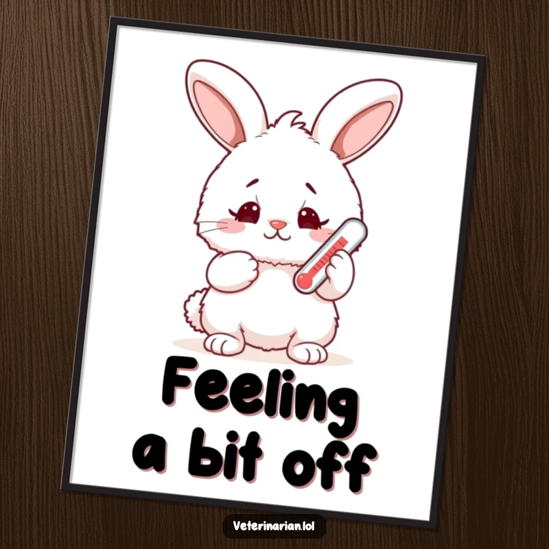 Funny fluffy bunny poster, a rabbit holding a tiny thermometer displays a concerned yet happy expression, adding sweet humor to any wall.