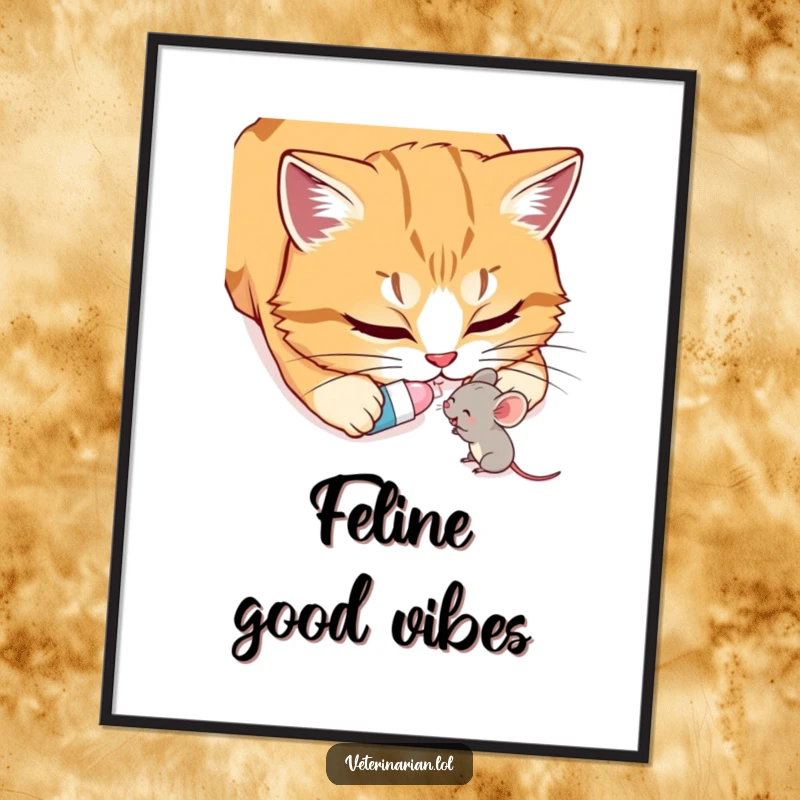 Funny Cat & Mouse Poster: Artwork showing a cat gently giving a small pill to a very happy mouse, celebrating an unusual bond.