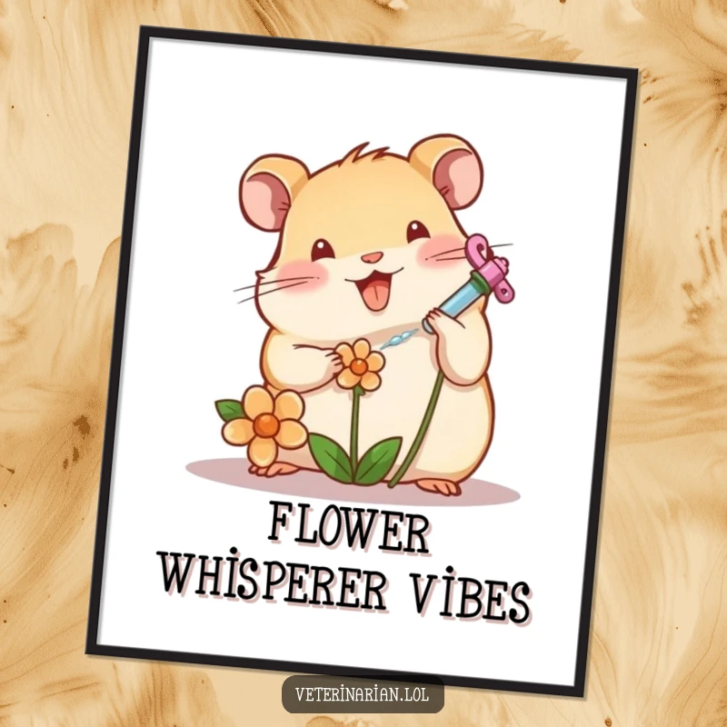 Funny cheerful hamster tending a wilting flower with a syringe, wall art poster, perfect funny gift.