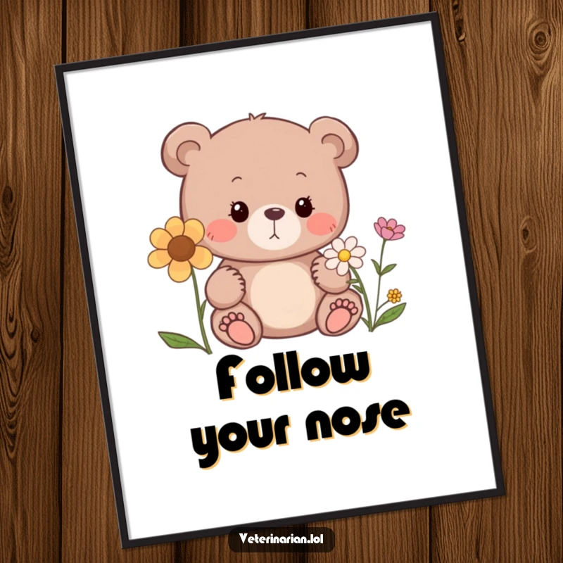 Funny bear poster, a curious bear sniffing a flower with a gentle expression, art print for nature lovers.