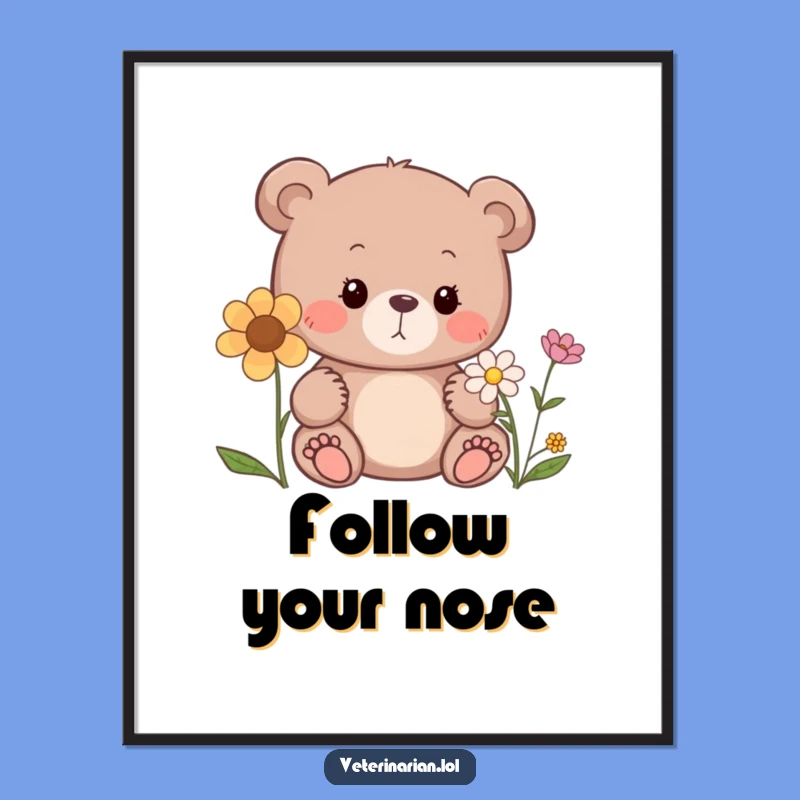 Funny Bear Flower Poster: Gentle Curiosity Art Print, Charming Wall Decor