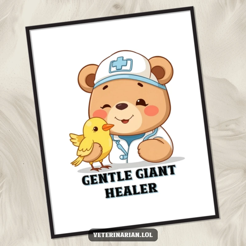 Funny bear vet poster, a smiling bear wearing a cap, gently examining a small bird with a kind, reassuring gaze. Sweet wall art.