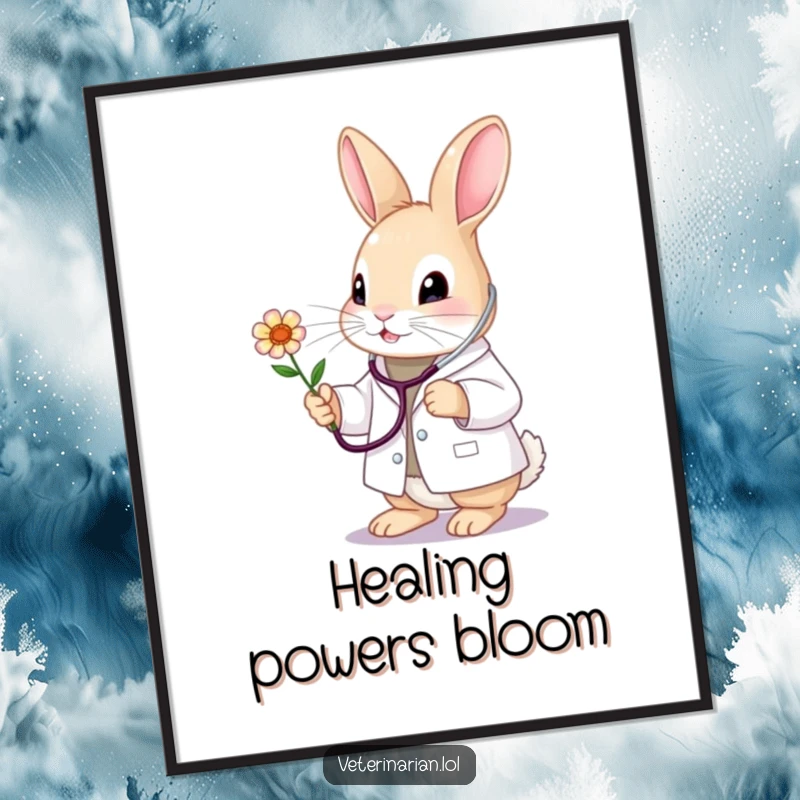 Funny bunny vet poster, a cute doctor in a white coat with stethoscope, examining a flower with utmost care and tenderness. Sweet wall art.