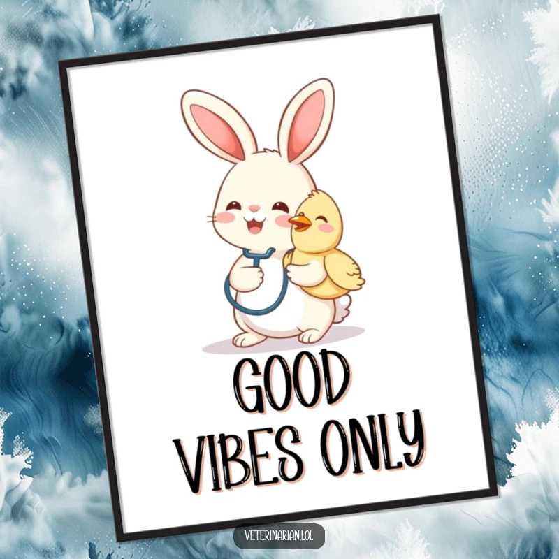 Funny poster showcasing a cheerful bunny vet with a stethoscope, gently petting a smiling bird.