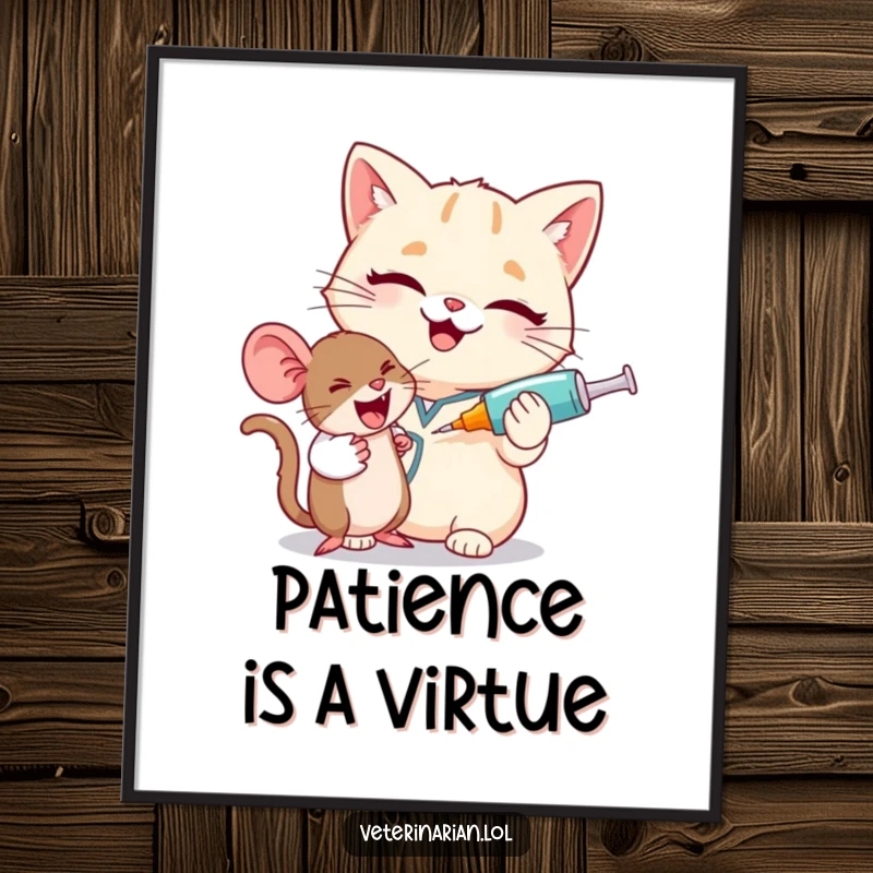 Funny cat vet poster, a giggling cat pharmacist winks, offering a large syringe to a brave, tiny mouse illustration.