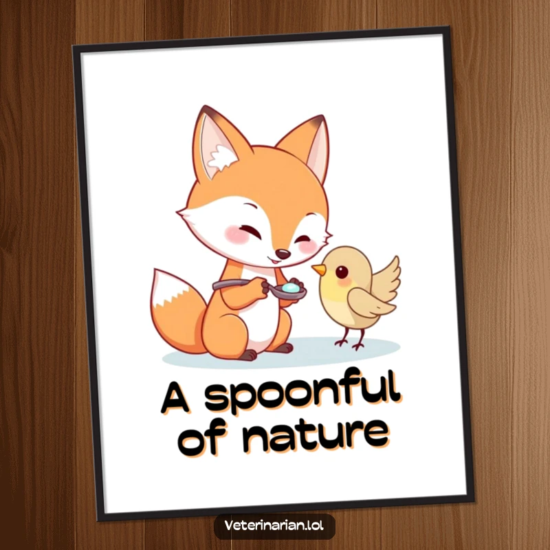 Funny playful fox offering medicine to a tiny bird, wall art poster, perfect funny gift.