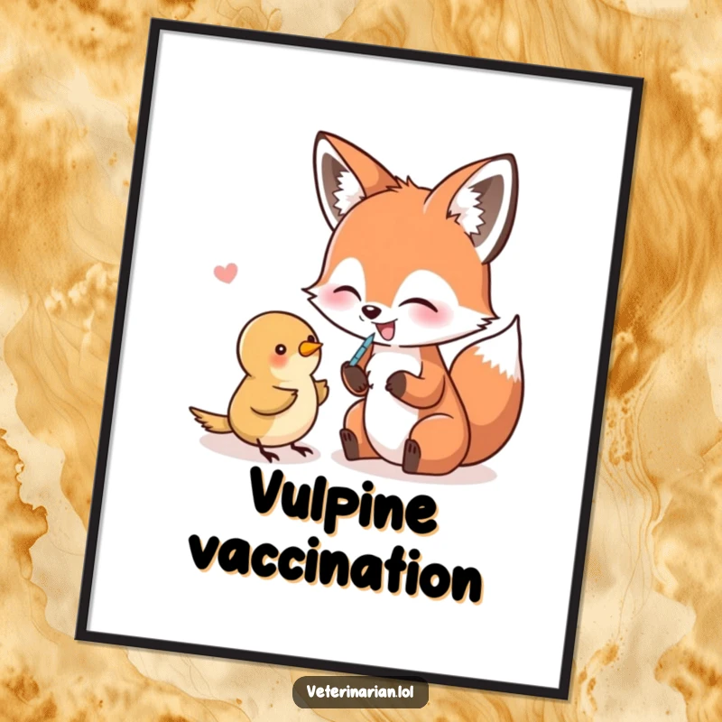 Funny Poster of a giggling fox comically holding a needle, pretending to give a small bird an injection, full of charm.