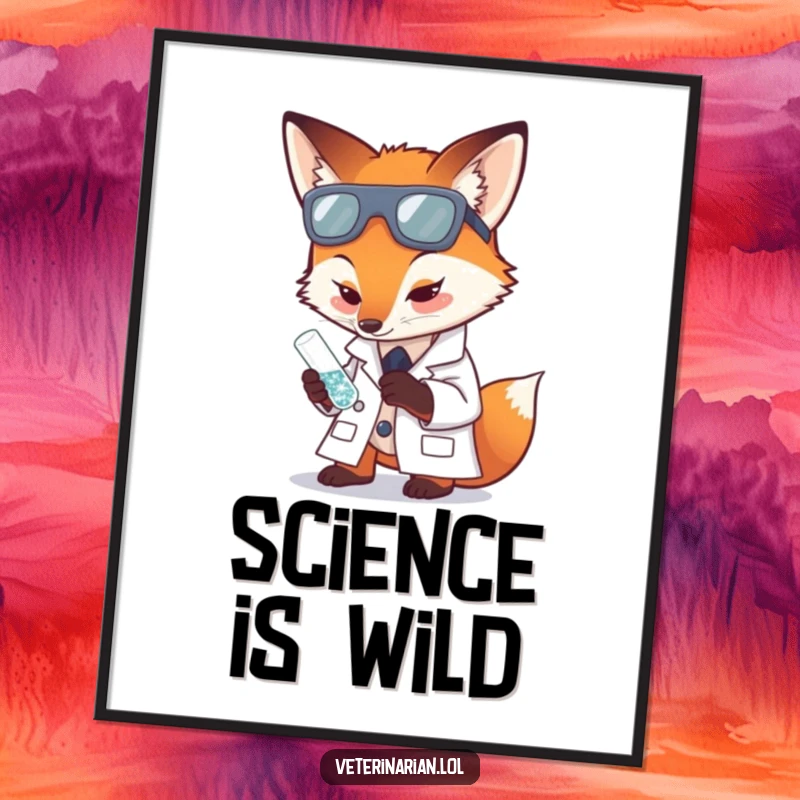 Funny poster showcasing a fox in a lab coat carefully examining a tiny, sparkling test tube.