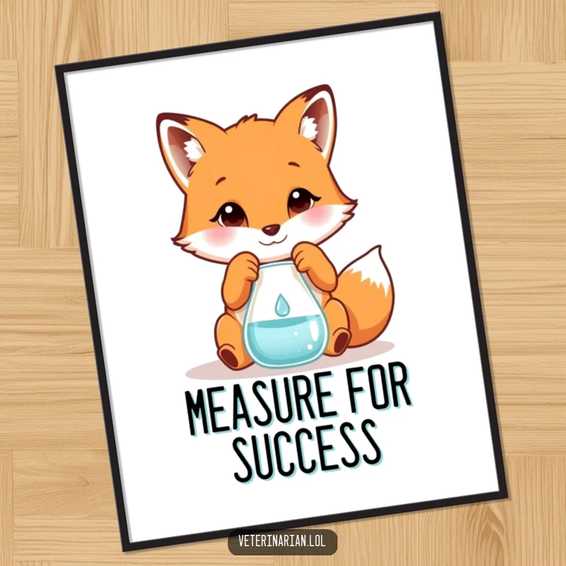 Funny poster art of a playful fox carefully measuring a tiny droplet into a beaker, radiating humorous scientific precision.