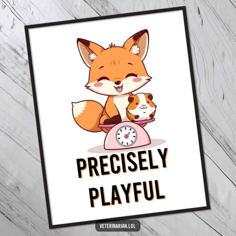 Funny poster print of a playful fox grinning while weighing a guinea pig on a small scale, capturing heartwarming fun.
