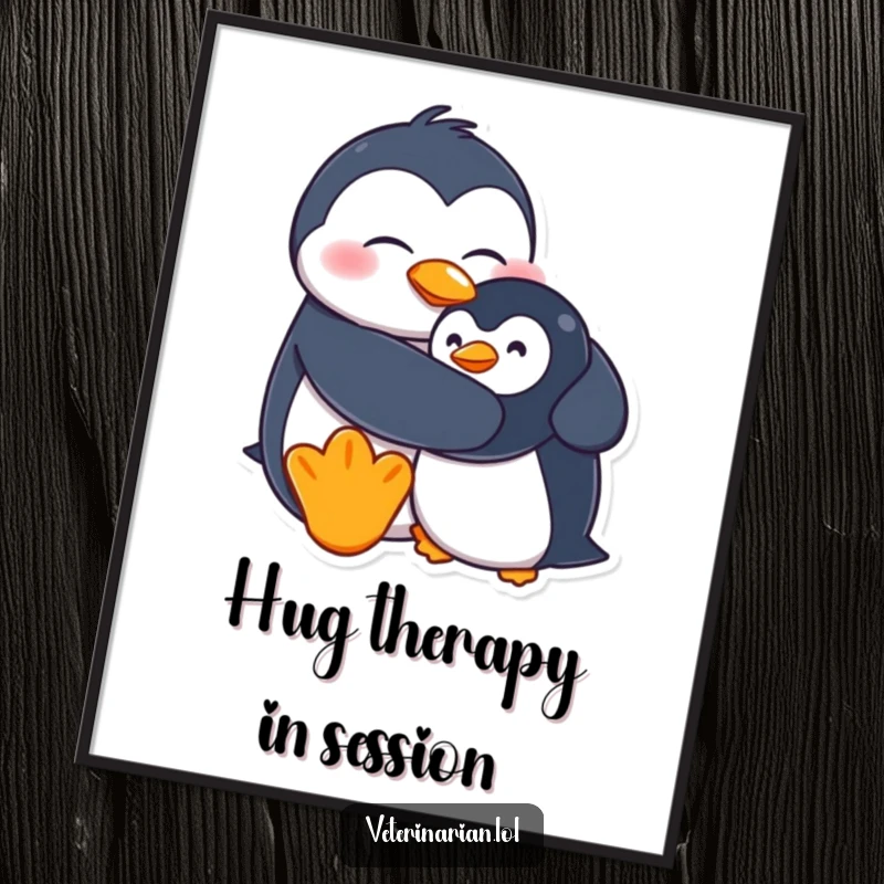 Funny poster featuring a goofy penguin character hugging a wobbly stuffed penguin, radiating warmth and playful affection.