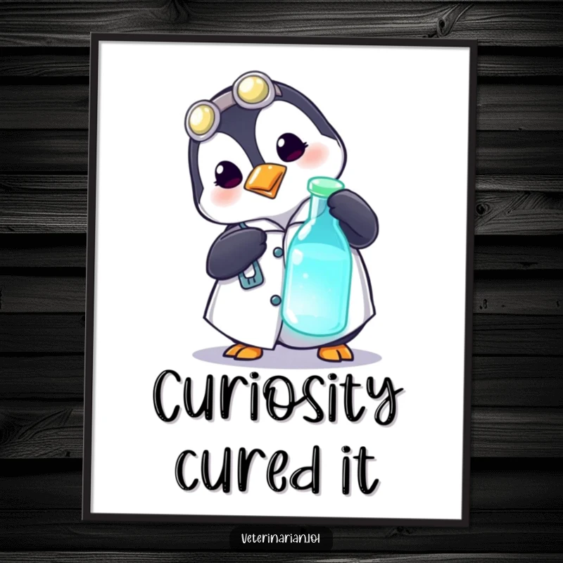 Funny poster showcasing a playful penguin in a medical coat curiously poking a glowing vial, perfect for science-themed decor.