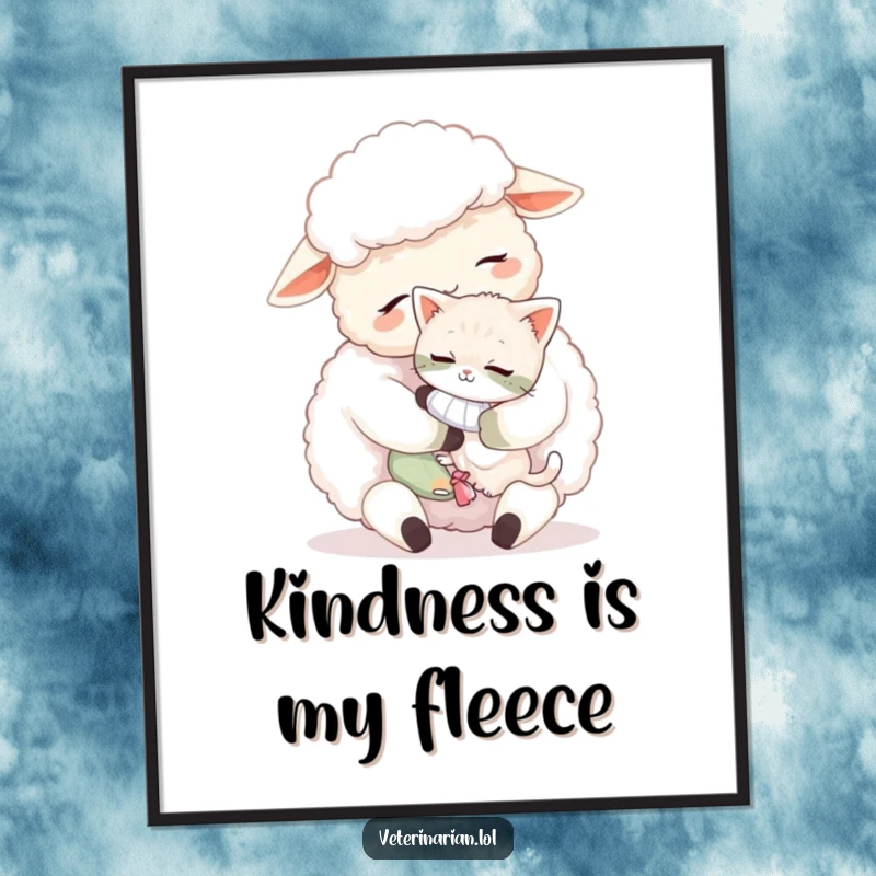 Funny sheep kitten poster, a fluffy sheep cuddling a tiny, bandaged kitten with affection, heartwarming wall art.