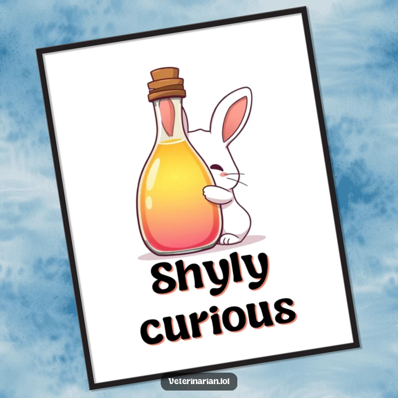 Funny poster print of a shy rabbit peeking from a large bottle of colorful liquid, evoking a sense of wonder and playful mystery.