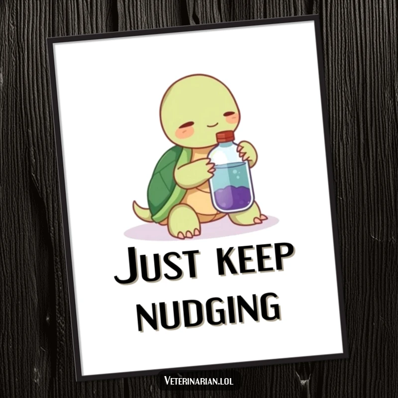 Funny poster of a serene turtle holding a potion bottle, extending it with a small, gentle nudge.
