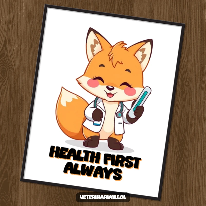 Funny fox vet poster, a playful fox smiles brightly, holding a thermometer and checking its temperature reading with care.
