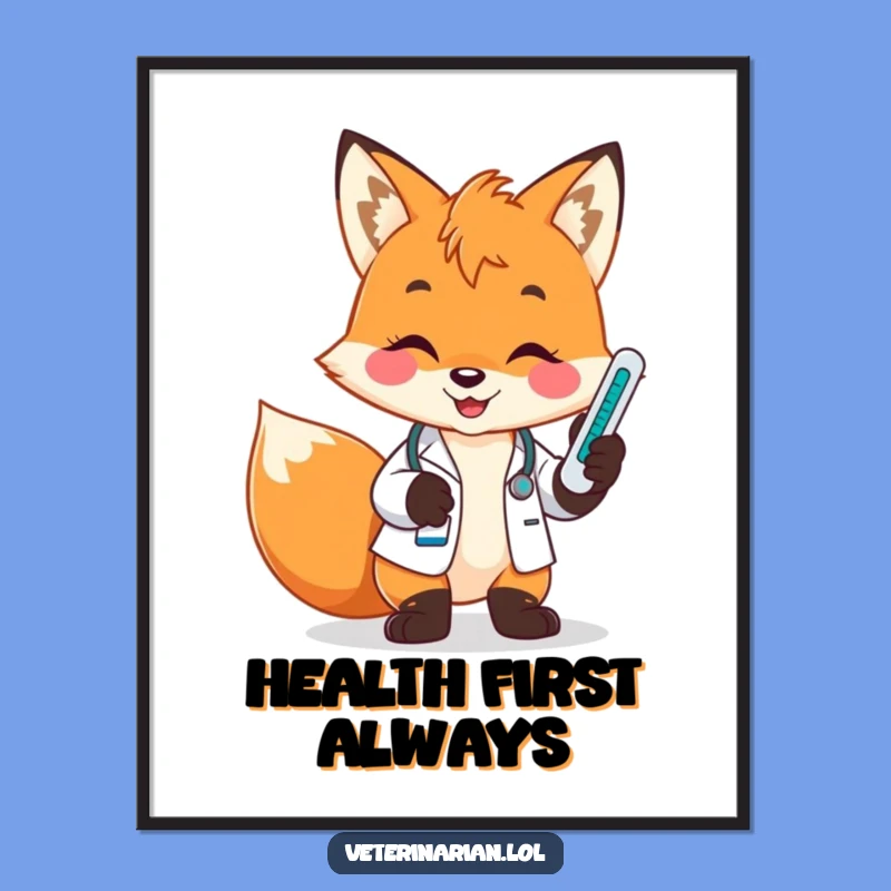 Funny Fox Vet Poster: Smiling Healer & Thermometer Art, Hilarious Decor Gift