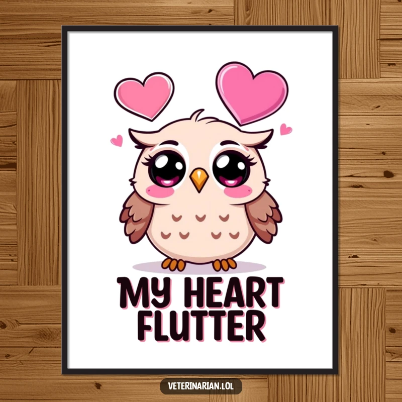 Funny Owl Poster: Artwork of a surprised cartoon owl looking with wonder at a large, floating heart icon, symbolizing surprise and affection, funny gift.