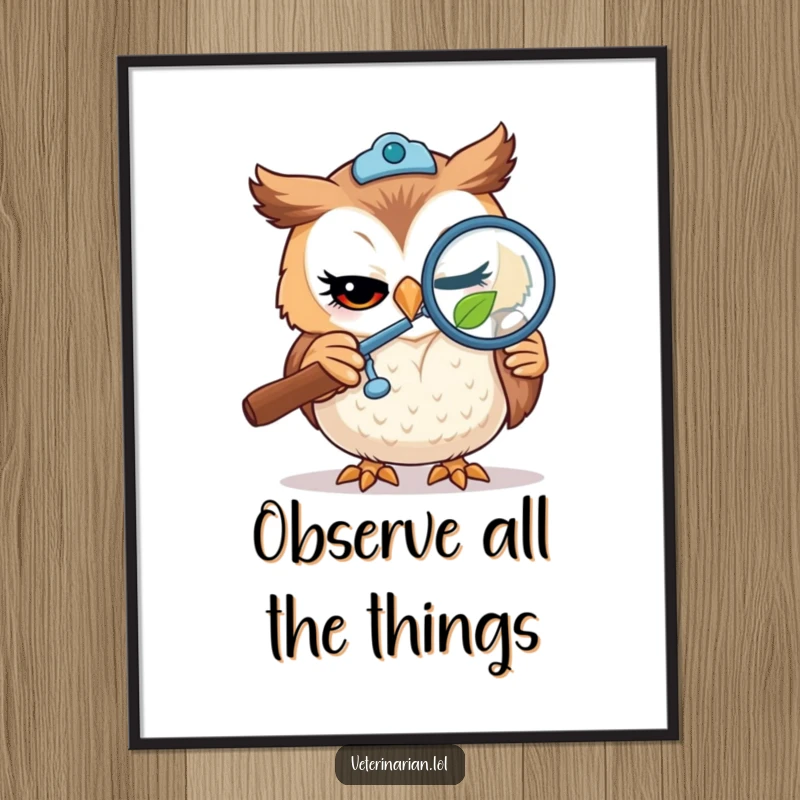 Funny poster art of a winking owl veterinarian examining a tiny leaf with a magnifying glass, capturing a moment of focused curiosity.