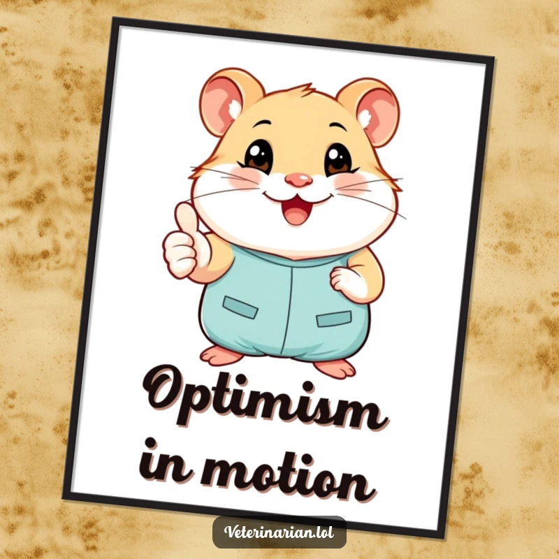 Funny poster showcasing a smiling hamster in tiny scrubs giving a cheerful thumbs-up, perfect for positive and cute wall art.