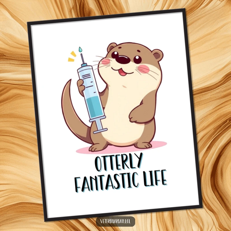 Funny Otter High-Five Poster: An illustration of a playful otter energetically giving a high-five using a large syringe.