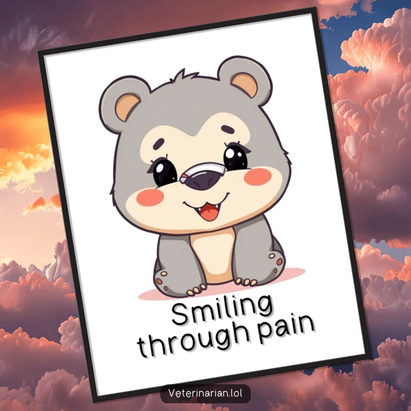 Funny bear cub poster depicting a curious cub with a bandage on its nose, smiling bravely, adding humor and inspiration to any wall.