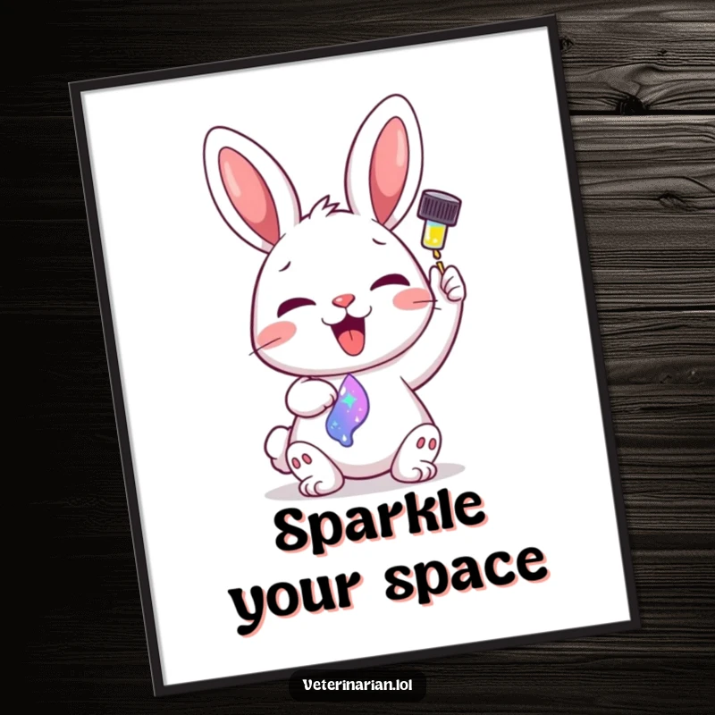 Funny art poster of a delighted cartoon bunny administering a colorful, sparkling liquid from a dropper.